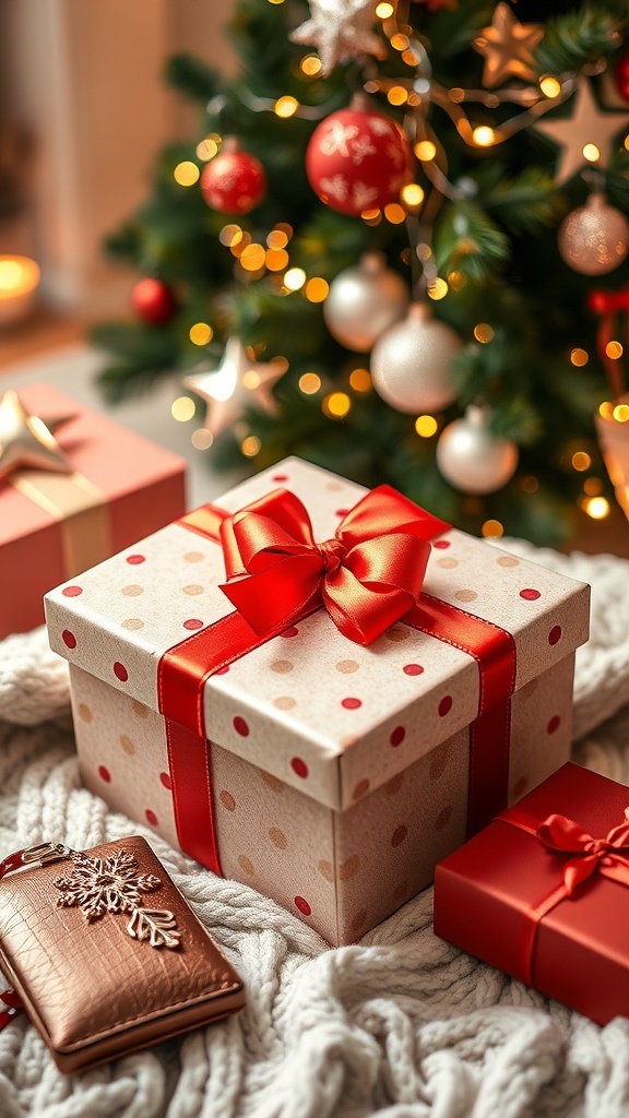 A festive Christmas gift box with a red ribbon, surrounded by holiday decorations and gift ideas.